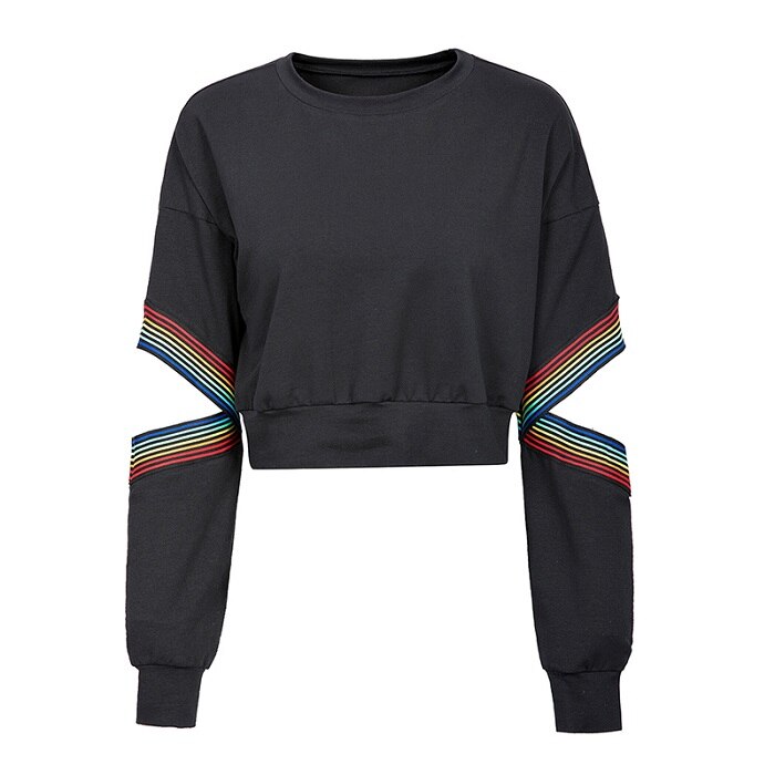Las mujeres negro corto sudaderas moda hueco fuera Arco Iris correas de manga larga o-Cuello mujer Ulzzang cultivo sudaderas Talever