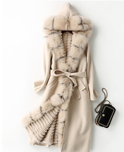 Real Fox Fur Coat Detached Lining Natural Rex Rabbit Fur Parka 100% Double Side Wool Cashmere Coat Casaco Feminino