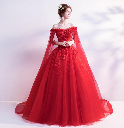 Walk Beside You Light Ivory Red Wedding Dresses Ball Gown Cheap Tulle Lace Applique Sequined Off Shoulder Long Sleeve Bride 2019