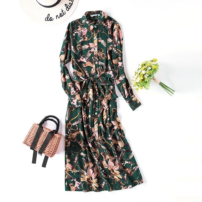 2018 otoño Mujer Vestidos impresión Floral Casual-Collar vestido suelto de las mujeres manga larga corbata cintura largo vestidos talever