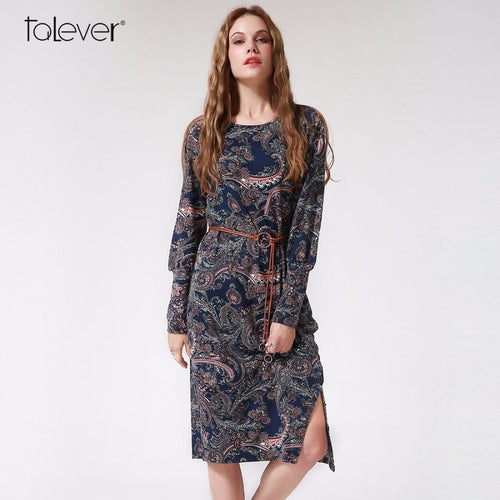 Primavera y otoño de las mujeres vestido de moda Vintage Puff manga estampado flores vestidos casuales vestido de fiesta de Midi vestido Talever