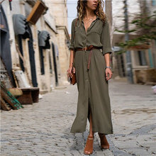 JTCY ejército verde Sexy con cuello en V de mujer largo vestido camisa Oficina 2018 otoño Casual vestidos botones Vintage de gasa de verano vestido de Dama