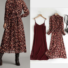 Za 2020 Women Dress Leopard Print Chiffon Mid Calf Dress Long Sleeve Turn-Down Collar Vintage Dresses Female Ruffles Vestidos