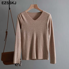 chic casual Autumn Winter Basic Sweater pullovers Women v-neck Solid Knit Slim Pullover female Long Sleeve warm Khaki Sweater