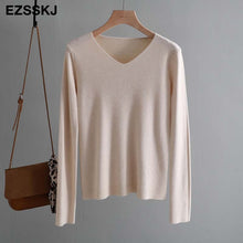 chic casual Autumn Winter Basic Sweater pullovers Women v-neck Solid Knit Slim Pullover female Long Sleeve warm Khaki Sweater