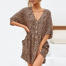 Sexy Womens Loose Dress Fashion Ladies Open Leopard Splice Print Button Casual Party Dress Short Sleeve Beach Dresses Vestidos