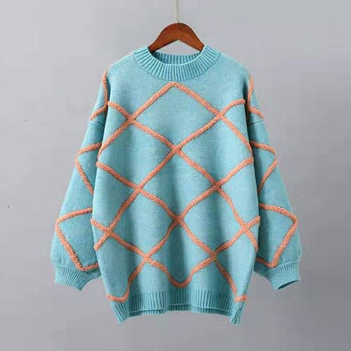 SURMIITRO Argyle Knitted Sweater Women For Autumn Winter 2019 Korean Ladies Loose Long Sleeve Jumper Female Tricot Pullover
