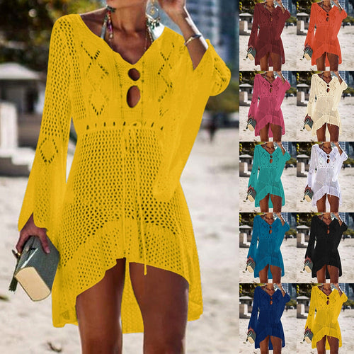 2020 Sexy Crochet Knitted Beach Cover up Tassel Tie Beachwear Tunic Long Pareos Summer Swimsuit See-through Beach Dress Bikini