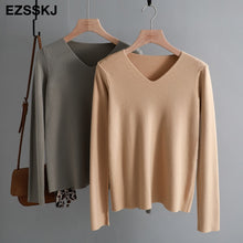 chic casual Autumn Winter Basic Sweater pullovers Women v-neck Solid Knit Slim Pullover female Long Sleeve warm Khaki Sweater