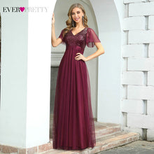 Burgundy Formal Dresses Ever Pretty EP00542 Elegant A Line V Neck Ruffles Sleeves Sequined Long Evening Dress Vestidos De Noche