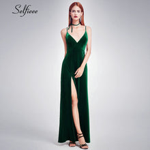 Moda vestido De terciopelo profundo cuello en V espagueti correas lado partido Maxi Vestido Mujer Sexy fiesta noche Club Vestidos De fiesta 2019