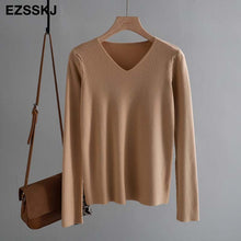 chic casual Autumn Winter Basic Sweater pullovers Women v-neck Solid Knit Slim Pullover female Long Sleeve warm Khaki Sweater