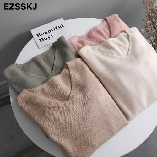 chic casual Autumn Winter Basic Sweater pullovers Women v-neck Solid Knit Slim Pullover female Long Sleeve warm Khaki Sweater