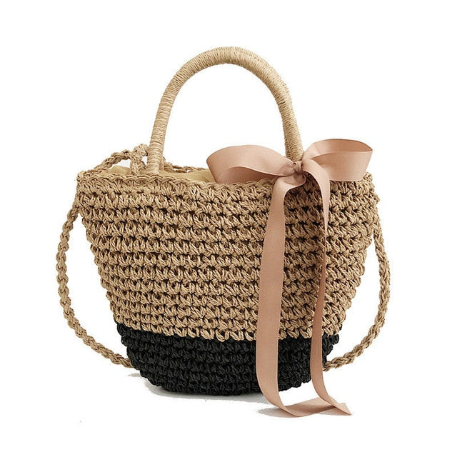 Yogodlns new arrive Handmade Straw Bags Ribbons Bowknot Beach Knitting Handbags Tote Shoulder Bag