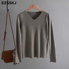 chic casual Autumn Winter Basic Sweater pullovers Women v-neck Solid Knit Slim Pullover female Long Sleeve warm Khaki Sweater