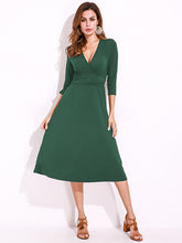Sexy Women Summer V-Neck 3/4 Sleeve Ruched Waist Casual Midi Dress