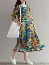 Women Floral Printed Loose 3/4 Sleeves O-Neck Dress
