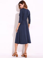 Sexy Women Summer V-Neck 3/4 Sleeve Ruched Waist Casual Midi Dress
