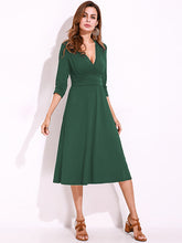 Sexy Women Summer V-Neck 3/4 Sleeve Ruched Waist Casual Midi Dress