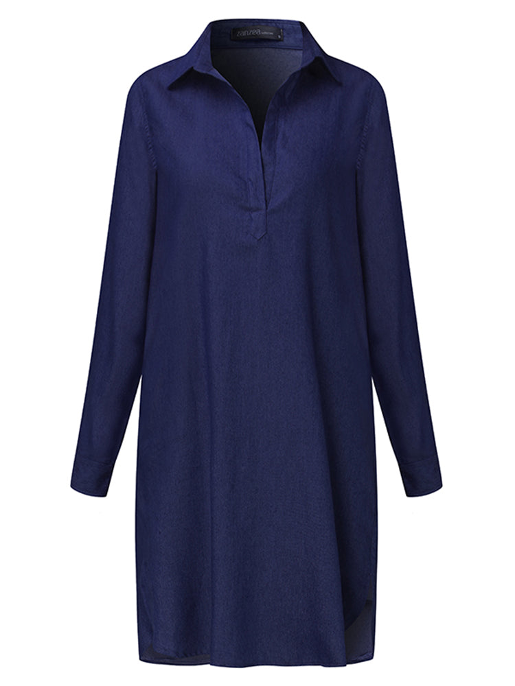 Women Casual V Neck Denim Blue Jean Fold Sleeve Mini Dresses