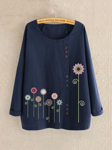 Casual Floral Print Crew Neck Long Sleeve Shirts