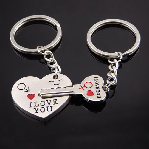 Fashion Heart Key Ring Silver Color Lovers Love Key Chain Valentine's Day gift 1 Pair Couple I Love You Letter Keychain