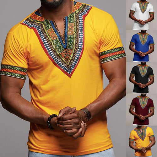 Mens African Ethnic Short Sleeve Top  Dashiki Style Printing Tops T Shirt Blouse