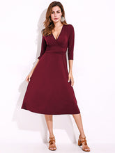 Sexy Women Summer V-Neck 3/4 Sleeve Ruched Waist Casual Midi Dress