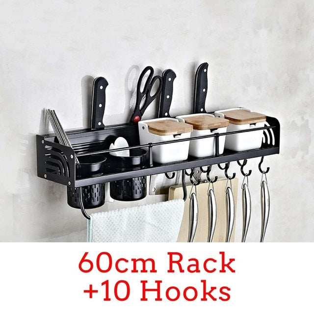 Wall-Mount Spice Racks Aluminum Kitchen Organizer Storage Shelves Utensil Spoon Hanger Hook Kitchen Gadgets Accessories Supplies