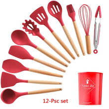 9/10/12PCS Silicone Cooking Utensils Set Non-stick Spatula Shovel Wooden Handle Cooking Tools Set With Storage Box Kitchen Tools