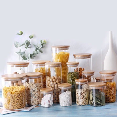 Food Container Bamboo Covered High Borosilicate Food Sealed Glass Tank Kitchen Miscellaneous Grain Storage Boxes