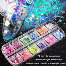 12 Grids 3D Flakes Fluorescent Nail Sequins Sparkly Paillette Nail Chunky Glitter Decorations Chameleon Nail Accessory LASP