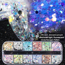 12 Grids 3D Flakes Fluorescent Nail Sequins Sparkly Paillette Nail Chunky Glitter Decorations Chameleon Nail Accessory LASP